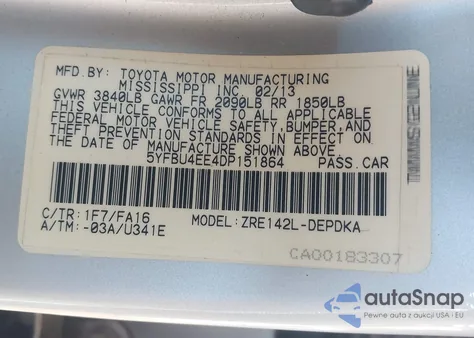 2013 Toyota Corolla L z USA, uszkodzony, nr VIN 5YFBU4EE4DP151864